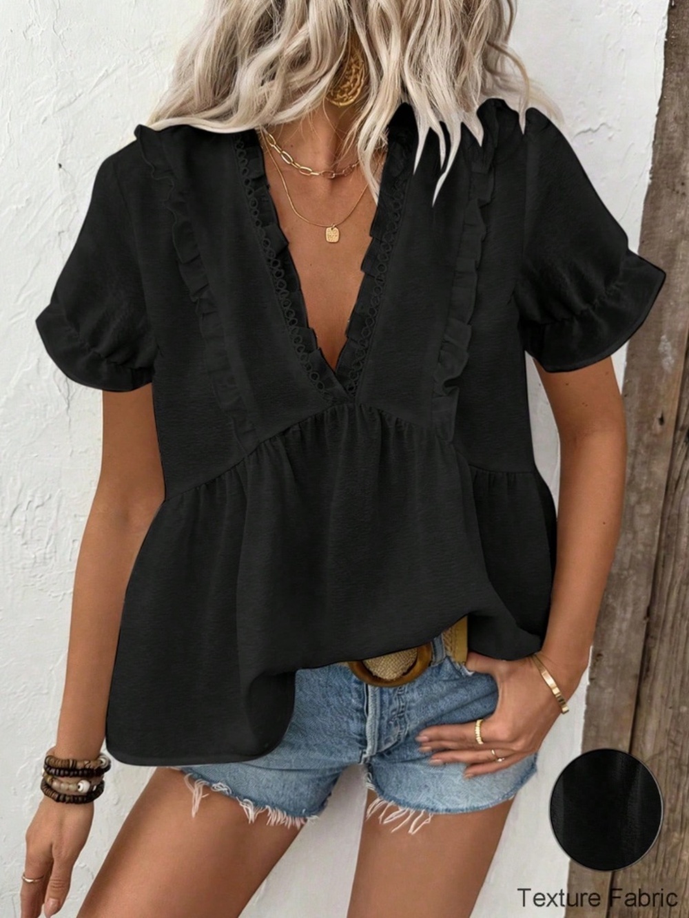 Black Swiss Dot Babydoll V-Neck Short Puff Sleeve Top Shirt Frill Ruffle Trim